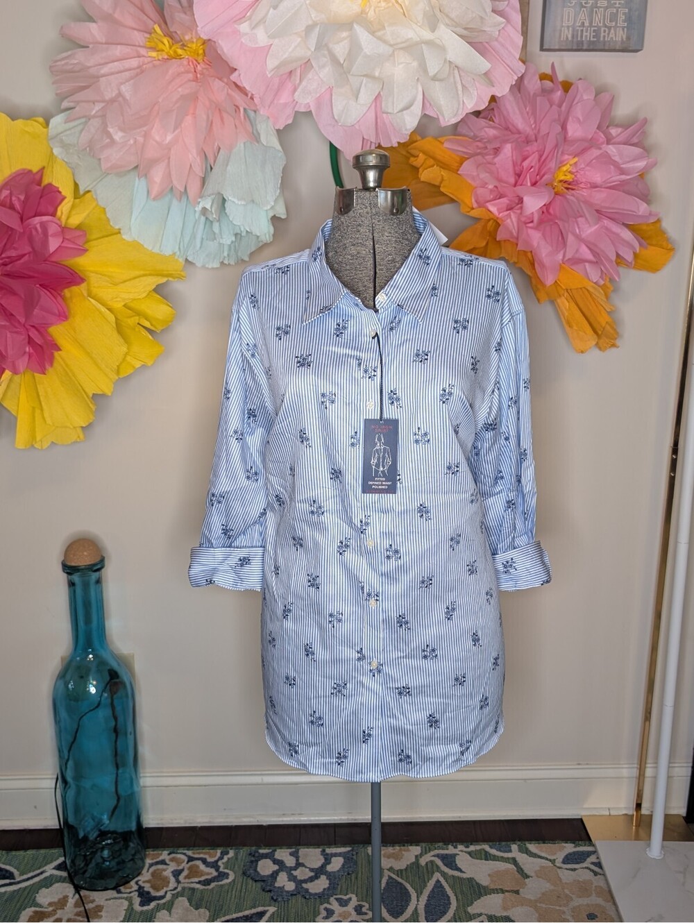 2125 - Chaps Women's No Iron Blue Floral Button-Up Shirt Dress